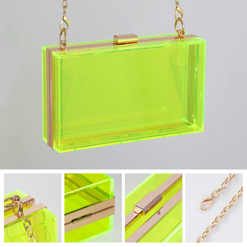 WJCD Women Clear Purse Acrylic Box Clutch Handbag, Small Transparent Crossbody Evening Bag Stadium Approved Gold Chain Strap (Green 2 chains) - Image 3
